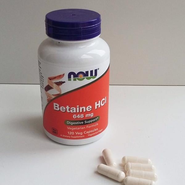 Viên uống Betaine HCl Now (120 viên) hỗ trợ tiêu hóa, tăng axit dịch vị, giảm đầy hơi, trào ngược