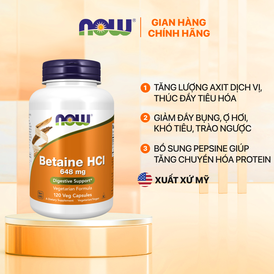 Viên uống Betaine HCl Now (120 viên) hỗ trợ tiêu hóa, tăng axit dịch vị, giảm đầy hơi, trào ngược