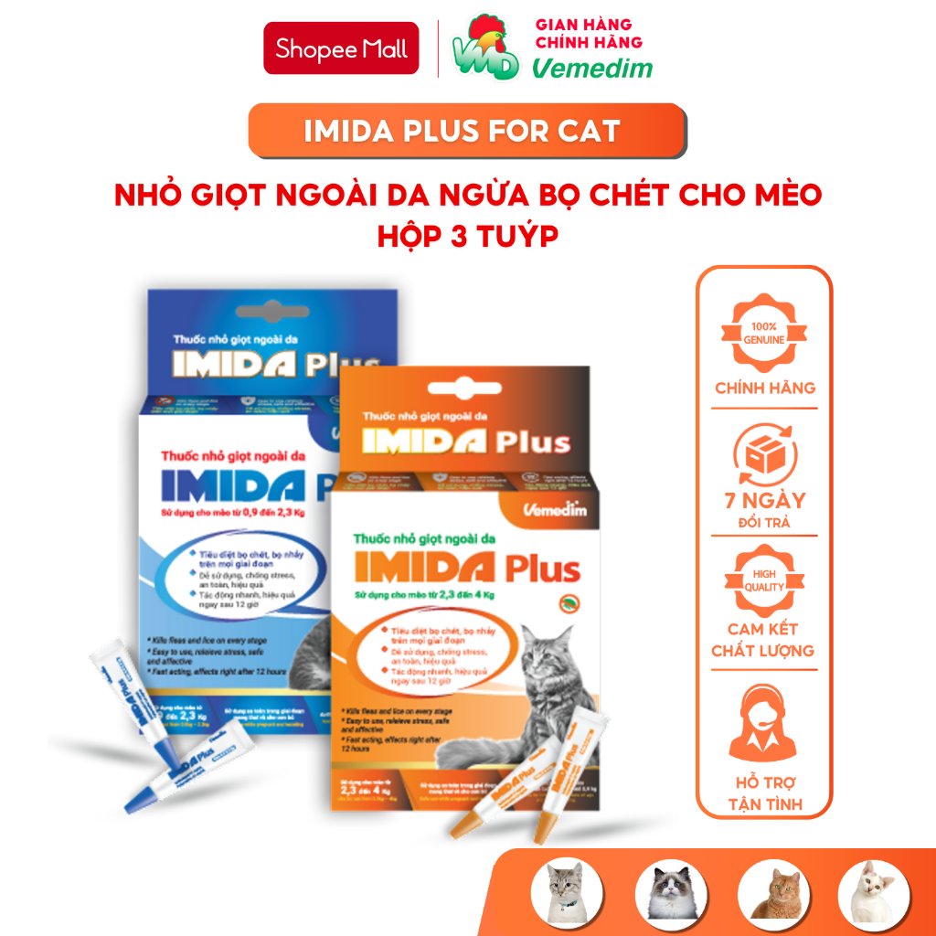 Vemedim Imida Plus for cat dùng ngoài da diệt bọ chét, bọ nhảy, ve rận cho mèo,1 hộp 3 tuýp