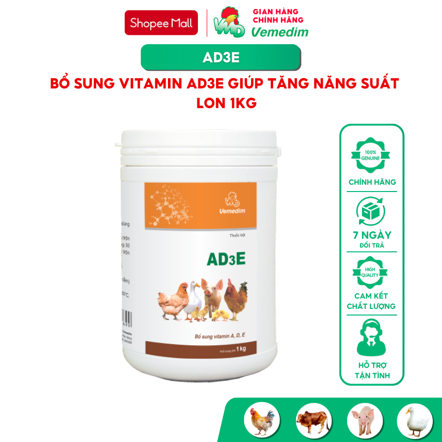Vemedim AD3E Bổ sung vitamin A,D,E tăng năng suất cho gia súc, gia cầm, lon 1kg