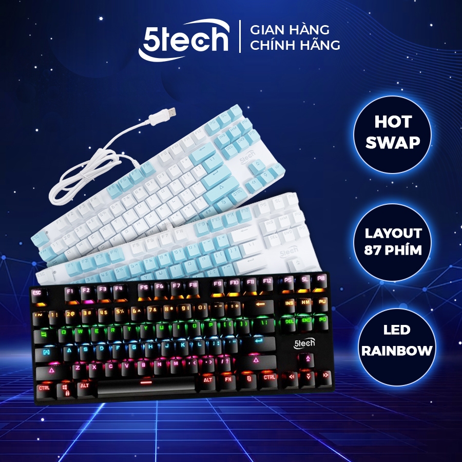 Bàn phím cơ 5TECH blue switch cao cấp với 87 phím và 10 chế độ đèn Led dùng cho máy tính, laptop