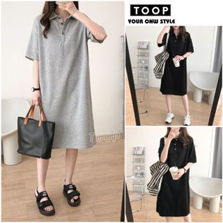 Váy suông dài, Đầm xuông polo cổ sơ mi dáng dài cộc tay form rộng chất thun phong cách hàn quốc - TOOP