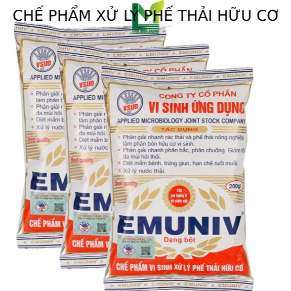 Chế phẩm vi sinh Em - EMUNIV Dùng Ủ Phân Bón Hữu Cơ, Xử Lý Rác, Phân Huỷ Nhanh - Gói 200 Gram