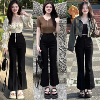 Quần tây ống loe nữ lưng cao 1 2 cúc công sở đi học hack dáng - Quần ống loe cạp cao ống rộng vẩy dài vải dày màu đen