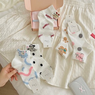 Vớ tất trắng cổ trung mèo cún gấu thỏ Rabbit chấm bi