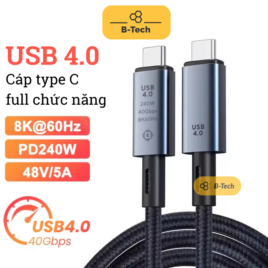 Cáp Thunderbolt 4 type C to C, xuất màn hình 8k60hz, sạc nhanh PD 240w, data 40Gbps, dây sạc type C,