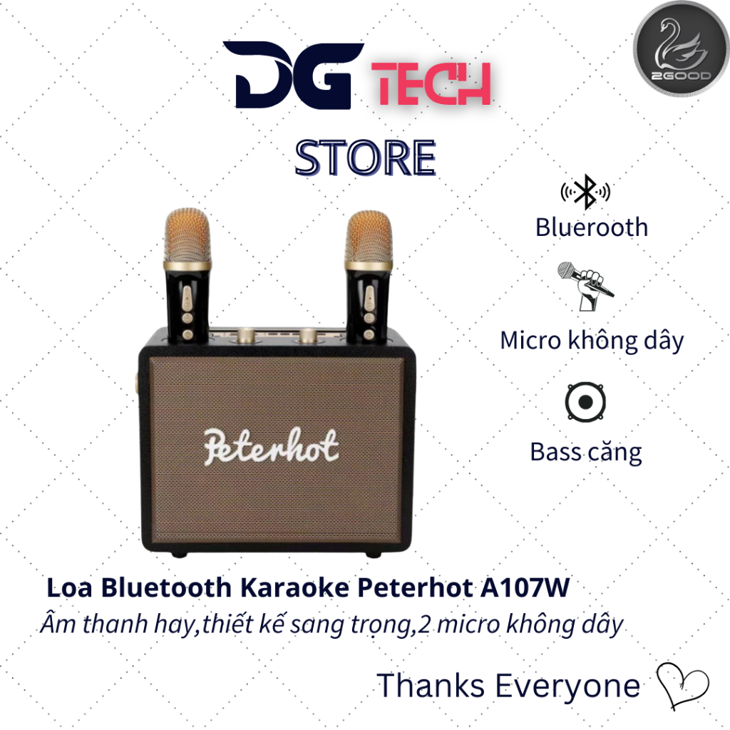 Loa Karaoke Bluetooth Peterhot A107W phiên bản mới độc đáo 2024 không dây âm thanh đỉnh tặng kèm 2 mic 2GOOD