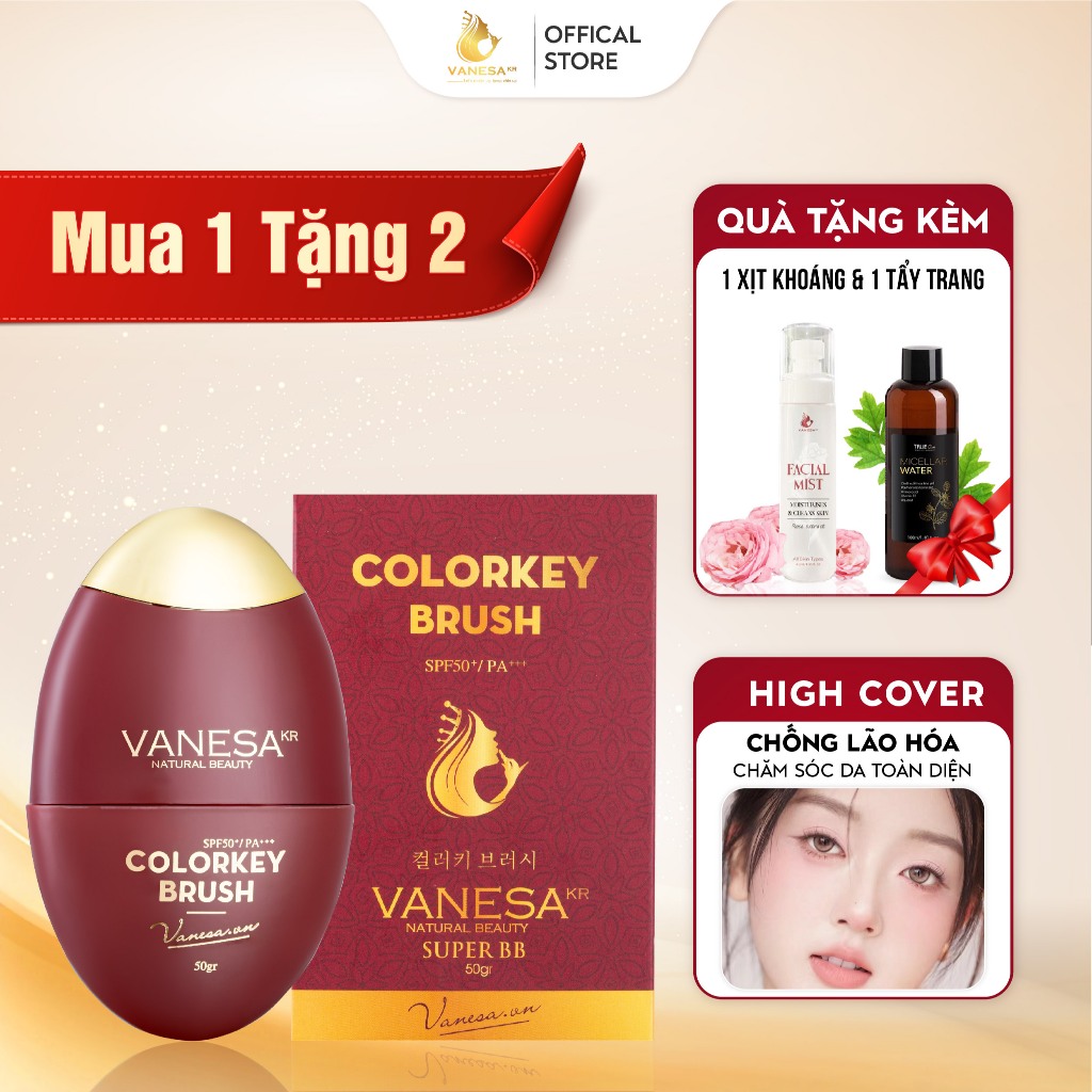 Kem nền trang điểm BB Colorkey Brush VANESA che khuyết điểm mỏng mịn với cọ tán tiện lợi, siêu mềm mịn lọ 50ml