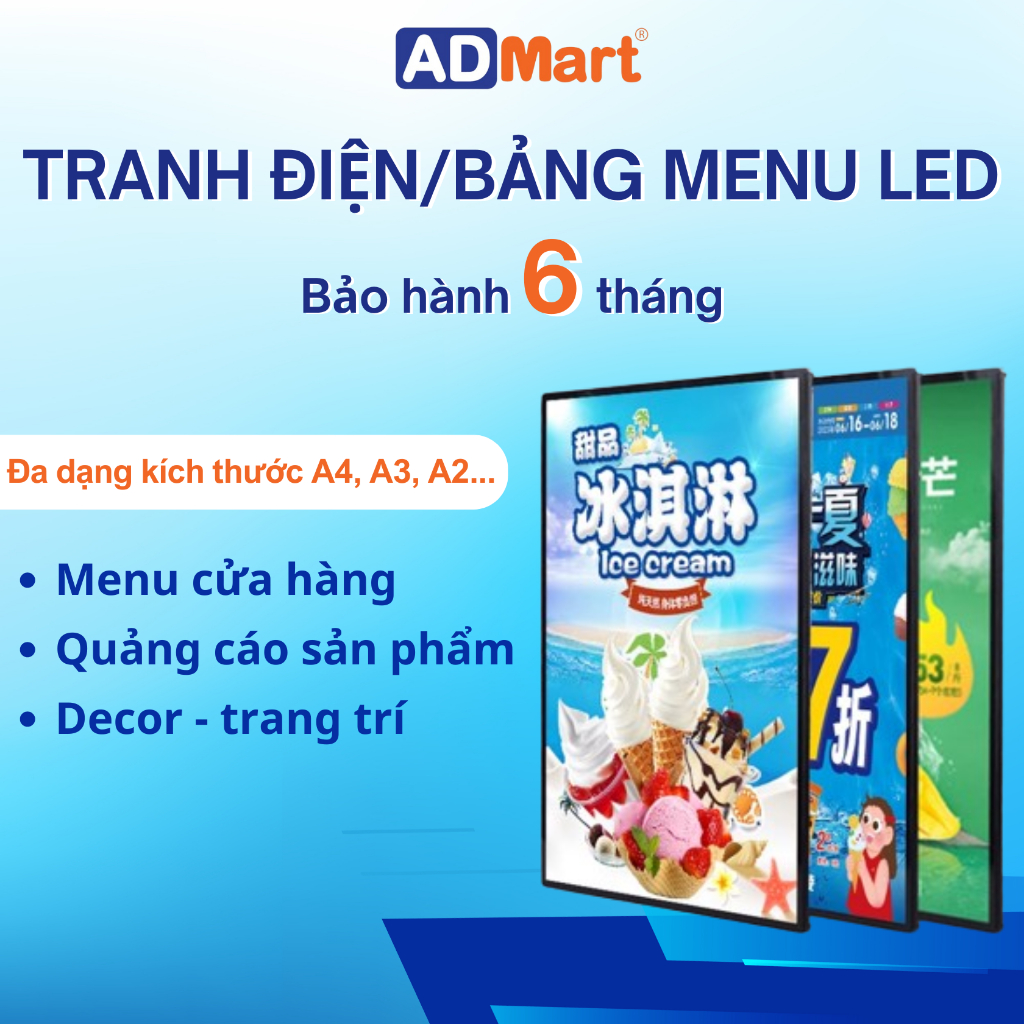 Tranh điện siêu mỏng | Hộp đèn led quảng cáo | Bảng hộp đèn led menu rút cạnh size A2, A3, A4