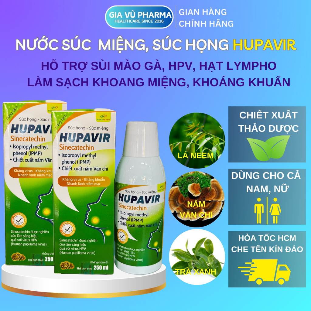 Nước súc miệng súc họng Hupavir Sinecatechin hỗ trợ đào thải HPV Sùi Mào Gà (che tên) Chai 250 ml