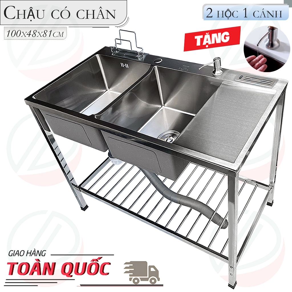 COMBO Chậu Rửa Bát Inox Có Chân Kích Thước 100x48cm Kiểu 2 Hộc Có Bàn C43 Và C43K - Gồm chậu, kệ chân, vòi, phụ kiện