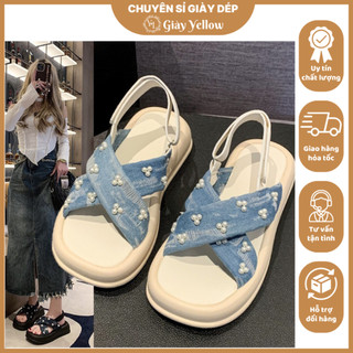 Giày sandal dép quai hậu nữ QC fullbox chất Jeans đế cao 4cm đính ngọc quai dán 2 màu xanh nhạt/xanh đậm