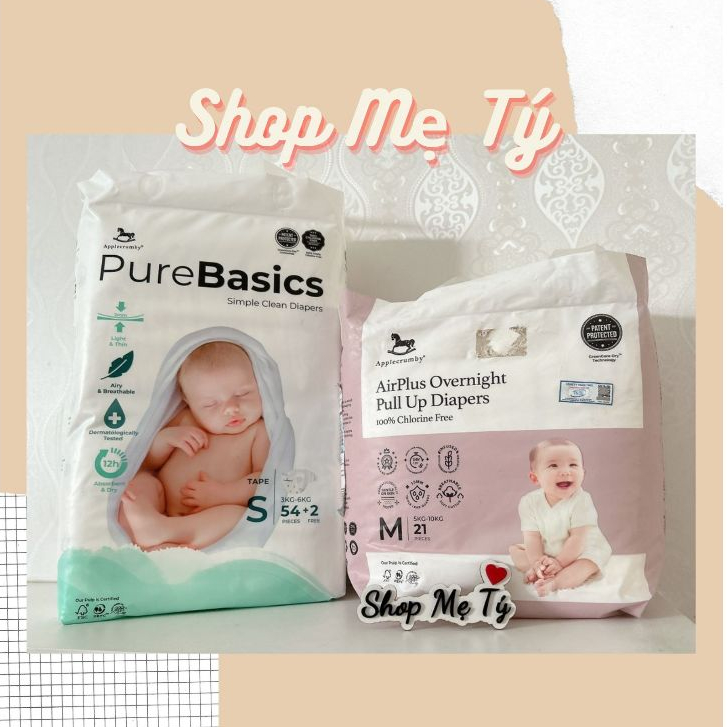 Bỉm tã dán / tã quần Applecrumby đêm ngày siêu mỏng, siêu mịn, siêu thấm cho bé từ sơ sinh size S/ M