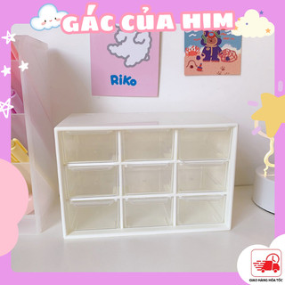 Tủ mini 9 ngăn, hộp 9 ngăn kéo dễ thương chống bụi lưu trữ để bàn đựng trang sức vòng tay mĩ phẩm đồ dùng học tập