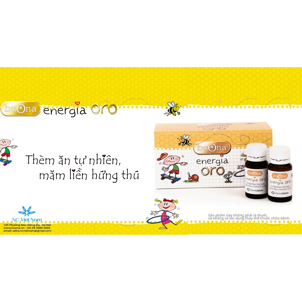 Siro ăn ngon Buona Energia Oro, tăng chuyển hóa tự nhiên cải thiện biếng ăn ở trẻ. Hộp 10 lọ, lọ 10ml, tiện dụng