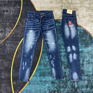 Quần dsq2 thêu chó icon pitbull đỏ sau túi,quần jean dsq2 xanh thêu chó đỏ icon