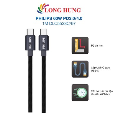 Cáp USB Type-C to Type-C Philips 60W PD3.0/4.0 1m DLC5533C/97 - Hàng chính hãng