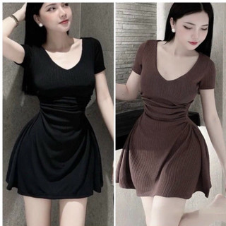 Đầm body dáng xoè nhún eo cổ tim freesize có kèm quần