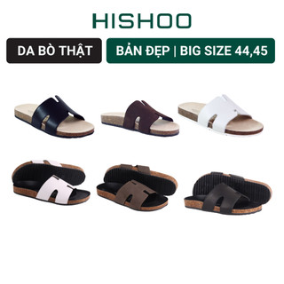 Dép đế trấu nam nữ birken quai ngang mặt đen chữ h da bò sáp hishoo m095