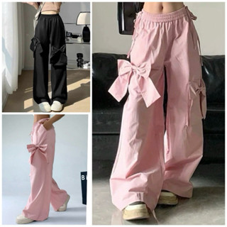 Quần ống rộng nữ túi hộp may dập ly, quần dài nơ hồng dáng xuông chất đũi nhăn