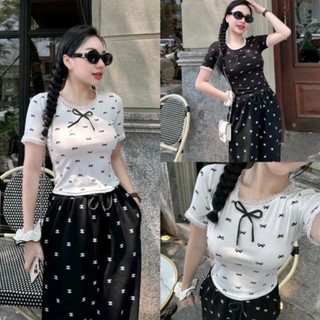Áo Nơ Chất Tăm, Áo Cộc Tay Phối Nơ Cách Điệu Hottrend, Áo Nữ Women Thun Tăm Phối Viền Ren Siêu Mát Om Body