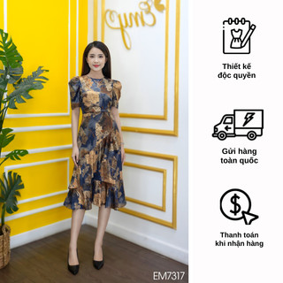 Đầm emy em7317 xoè hoa cổ tròn