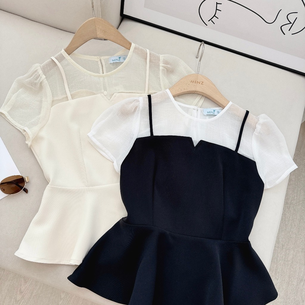 Áo Peplum Phối Voan MINZ STORE Mã 4047, Thiết Kế Ngắn Tay Phong Cách Hàn Quốc
