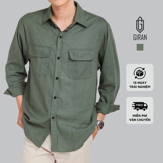 Áo sơ mi nam linen shirt giran ls0002 tay dài, chất linen thô, form rộng vừa, thoáng mát, màu xanh rêu