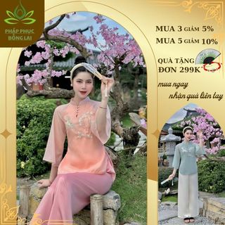 Pháp phục lễ chùa cho nữ thêu hạc tay lỡ mặc đi hành lễ chùa chiền , bộ lụa gấm cách tân lễ chùa - s39