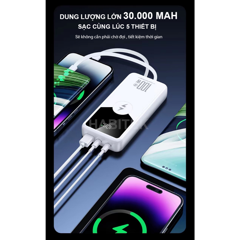 Sạc Dự Phòng 30000mah và 50000mah HABITEK HB92 Sạc Nhanh 100W, Tích Hợp Dây Sạc, Sạc Mọi Loại Máy Điện Thoại, BH 6 Tháng