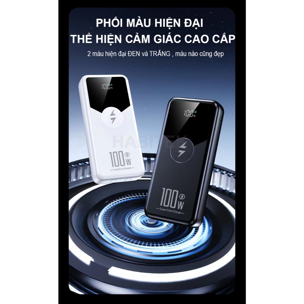 Sạc Dự Phòng 30000mah và 50000mah HABITEK HB92 Sạc Nhanh 100W, Tích Hợp Dây Sạc, Sạc Mọi Loại Máy Điện Thoại, BH 6 Tháng