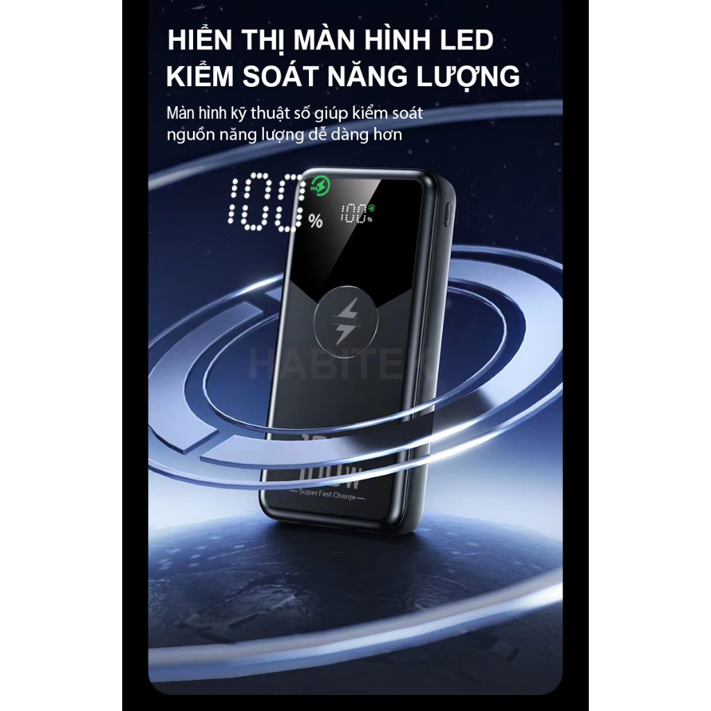 Sạc Dự Phòng 30000mah và 50000mah HABITEK HB92 Sạc Nhanh 100W, Tích Hợp Dây Sạc, Sạc Mọi Loại Máy Điện Thoại, BH 6 Tháng