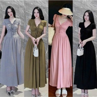 Đầm body dáng dài cổ V viền bèo tay ngắn ngực cách điệu phối dây rút chất thun tăm lạnh, đầm đi tiệc đi chơi đi biển H