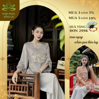 Bộ đồ đi lễ cho nữ lụa tay rúm thuê hoa mặc đi hành lễ chùa , bộ pháp phục cách tân vải lụa sang trọng- s37
