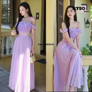 Set Áo Trễ Vai Hở Lưng Chân Váy Dập Ly Xòe Dáng Dài ,Set đầm dài màu tím chân váy dập ly dáng dài đi biển đI tiệc RYSO