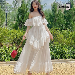 Đầm maxi trễ vai nhiều tầng ,Sét váy trắng đi biển ,Váy maxi dáng dài form xoè công chúa chất tơ 2 lớp chuần form RYSO