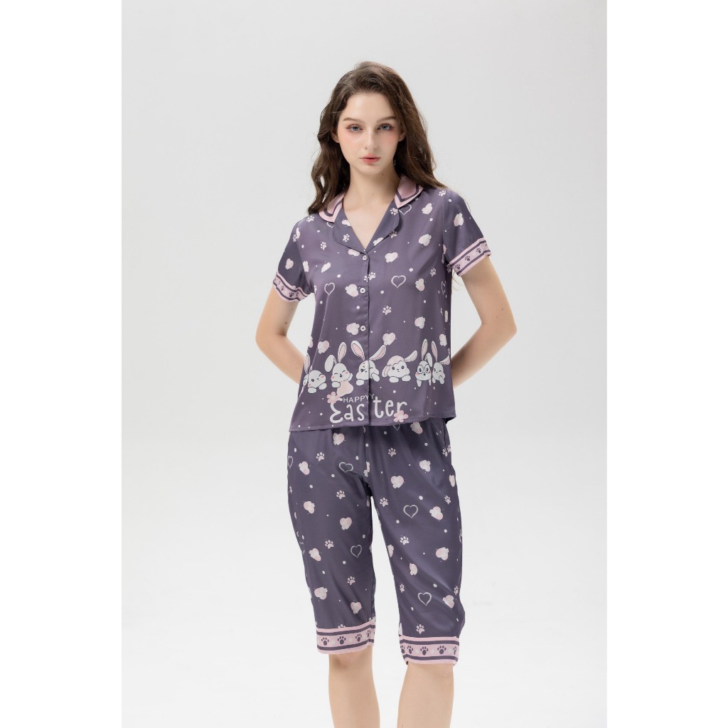 Set pijama iK - Pourpemme lụa luxury cao cấp, họa tiết thỏ siêu sang chảnh , kiểu áo cộc quần ngố, c