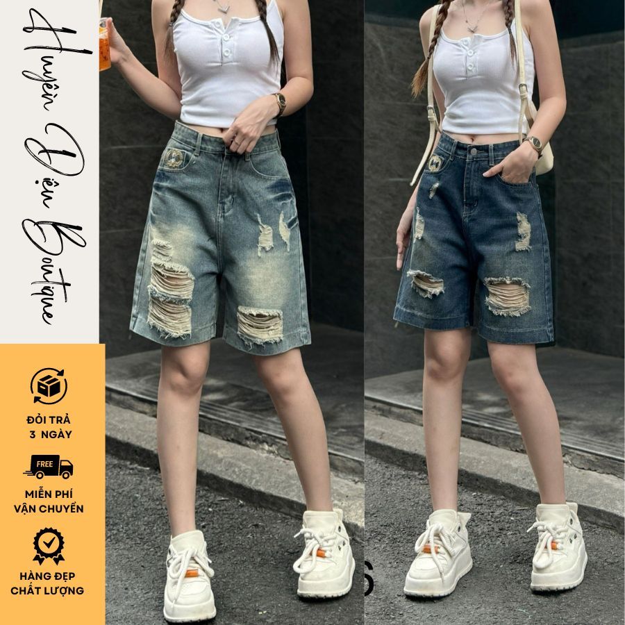 Quần short jean nữ rách hai màu xanh đậm ,nhạt cạp cao phong cách Hiphop, quần ngố lững chất bò năng