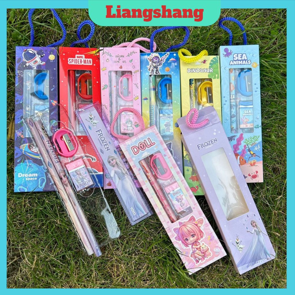 Set 2 Bút chì Tẩy Thước kẻ Gọt bút chì 5in1 - Đồ dùng học tập, Phần thưởng cho học sinh.