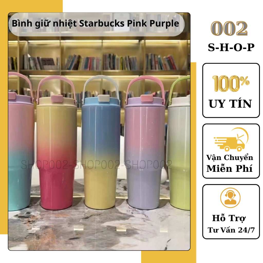 Bình giữ nhiệt Starbucks Pink Purple Gradient 900ml, bình đựng nước bằng thép không gỉ kèm quai xách