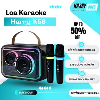 Loa bluetooth, Loa hát karaoke K56 không dây kèm 2 mic với âm thanh chất lượng cùng đèn led tuyệt đẹp