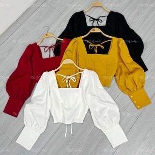 Áo cổ vuông tay phồng thắt nơ sau dáng Croptop A46
