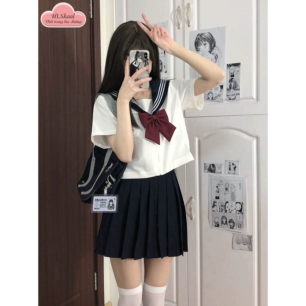 Set áo váy thuỷ thủ cosplay tay dài tay kèm nơ/ Seifuku JK phong cách học sinh Nhật Bản váy không quần bảo hộ H0008