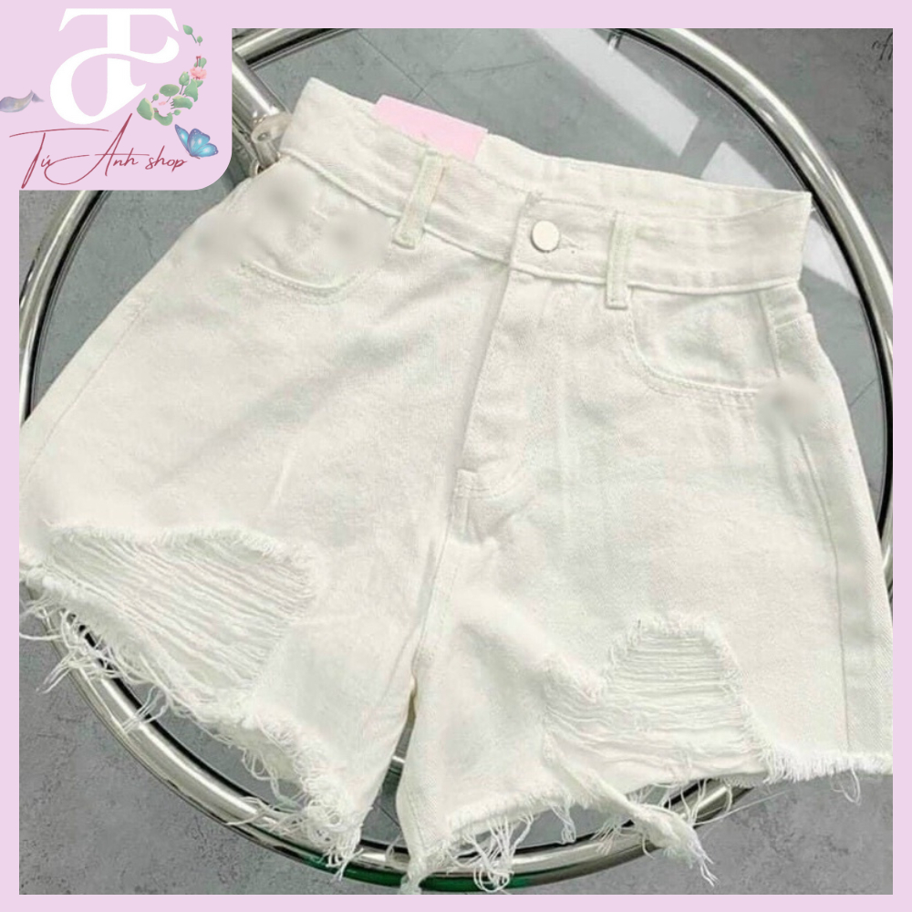 Quần short jean nữ rách đẹp lưng cao, Quần đùi chất bò trắng đen rách cá tính