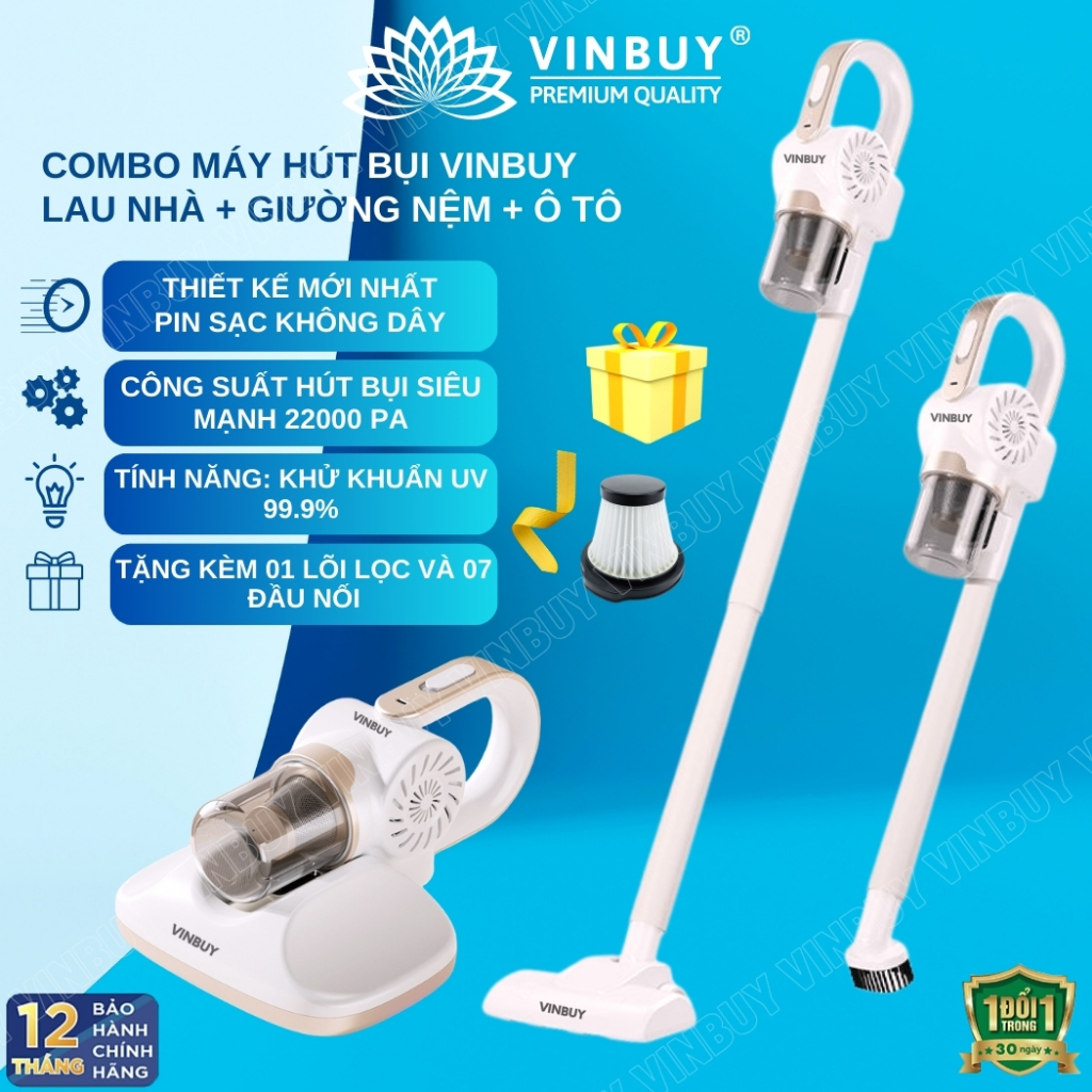 Máy hút bụi cầm tay VINBUY không dây giường nệm lau nhà 5 trong 1 đa năng công suất mạnh 22000PA
