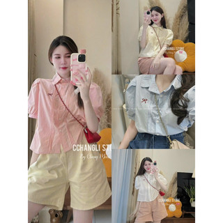 Áo Sơmi Thêu Nơ Tay Bồng C.Moon dập li ngực dáng croptop style Ulzzang