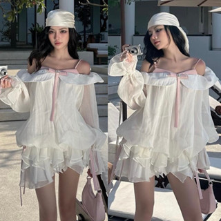 Set Áo Trễ Vai + Quần  MELLYSTORE Váy Bánh Bèo Màu Trắng Chất Liệu Tơ Nến Đẹp Quyến Rũ ,Sang Trọng - Đầm Thiết Kế 01