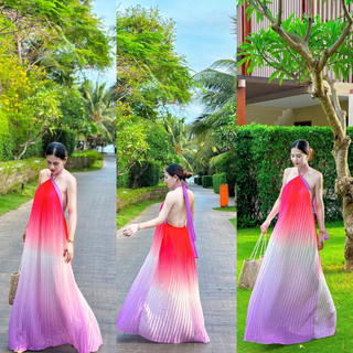  Đầm maxi đi biển dập ly loang màu tím hồng cổ xoắn dây rời 135cm - Maxingoclan