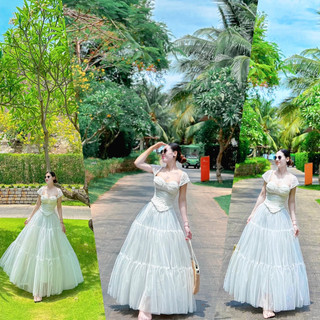  Sét Tiểu Thư Áo Ren chân váy lưới Trắng xoè Phồng  Khóa kéo bên hông - Maxingoclan