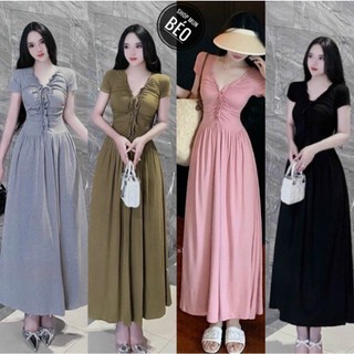 Đầm maxi cổ v tay ngắn dây ngực phom dài dáng xoè chất thun gân co giãn thích hợp mặc đi tiệc đi làm đi chơi